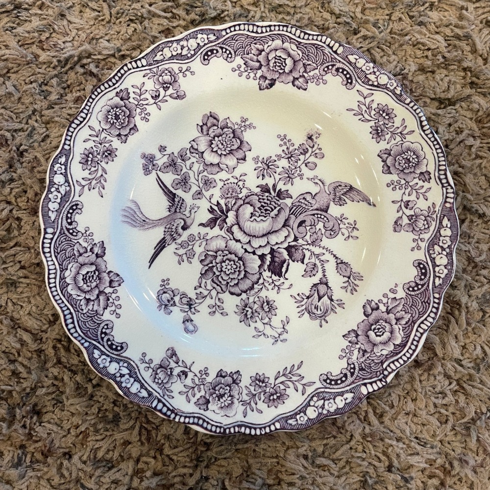 Crown Ducal Bristol Purple Transferware Plate Floral Bird Scallop 6.25" England